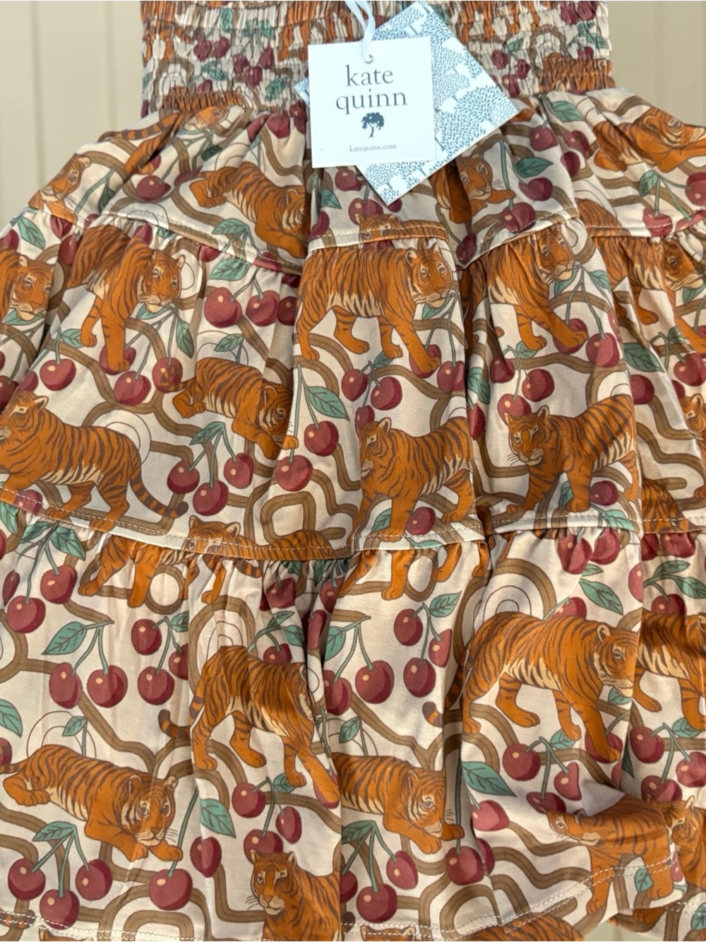 KATE QUiNN-Tiger/Cherries-Bamboo-Smocked-Tiered/Ruffle-Long/Maxi Hippie Skirt 2T